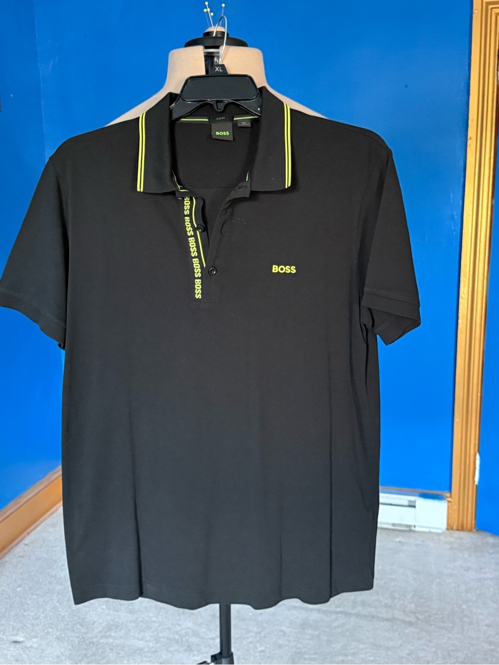BOSS Hugo Boss Paule 4 Black Neon Green Placket Logo Streetwear Polo XL